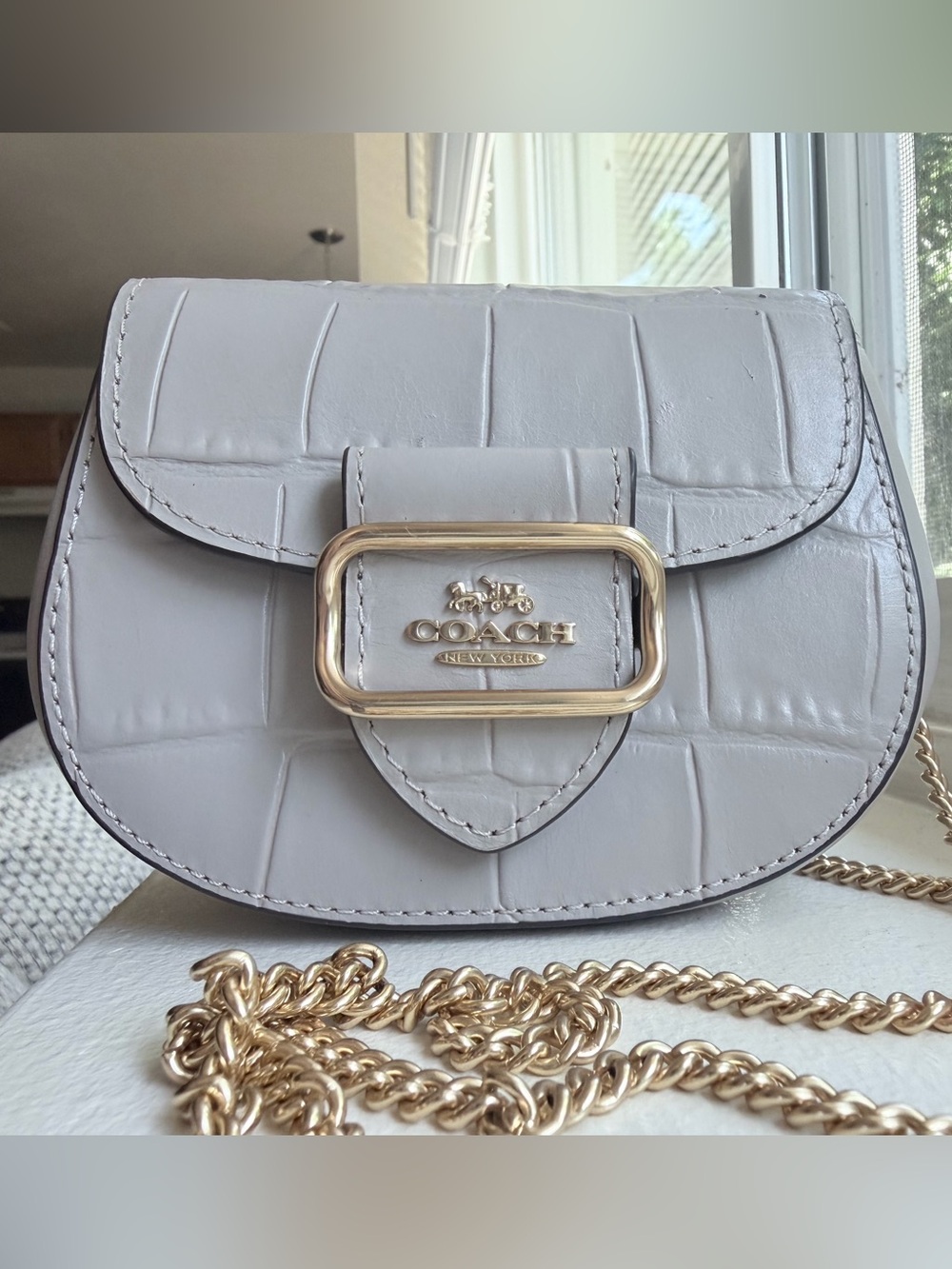 NWT Coach Grey Birch Morgan Crocodile Embossed Leather Card Case On A Chain
